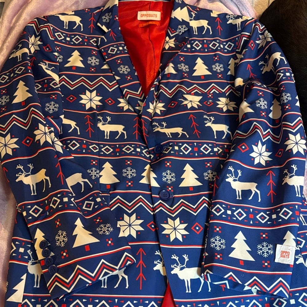 OppoSuits Blue Holiday Blazer with Reindeer and Snowflakes